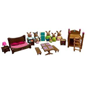 Battat Lil Woodzeez Bunny Family Playset Figures Furniture Beds Kitchen 21 Lot